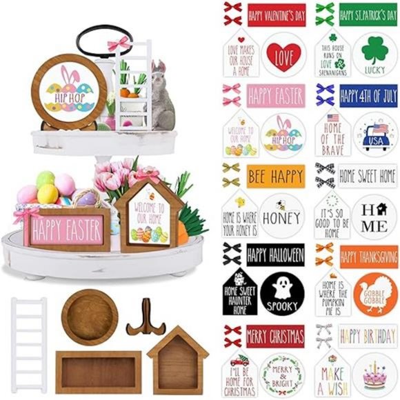 Farmhouse Easter Tiered Tray Decor Set Year Round Seasonal Interchangeable frame - Picture 7 of 7